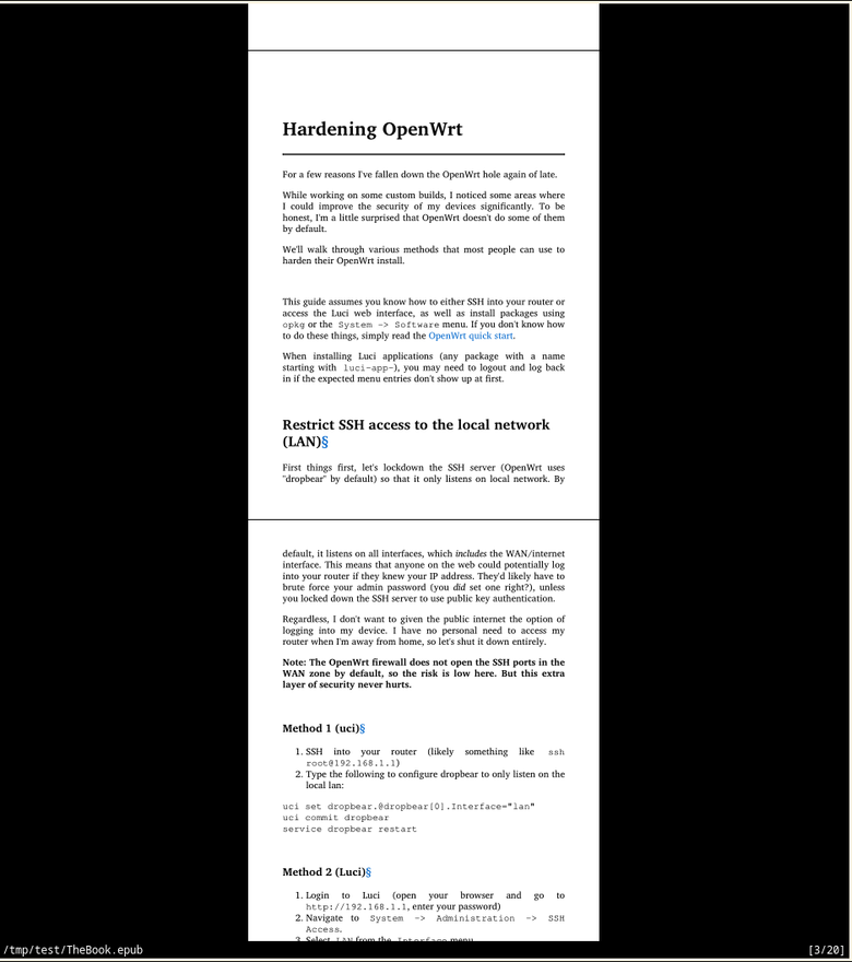 Screenshot of the zathura application rendering an ebook of blog posts derived from austindw.com