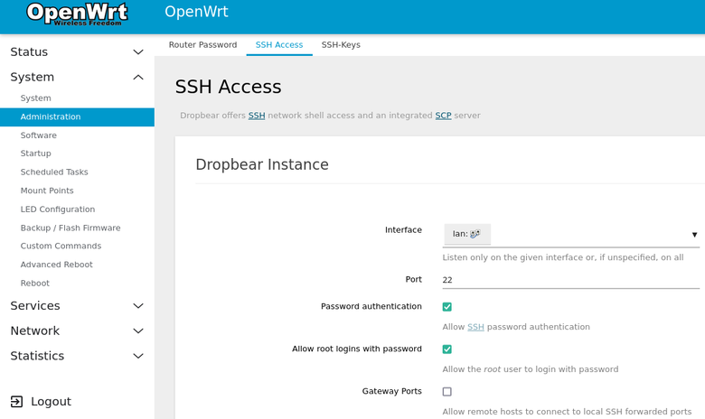 Screenshot showing SSH Access tab with lan set in Interface option.