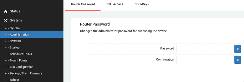 OpenWRT router password page under system, administration.