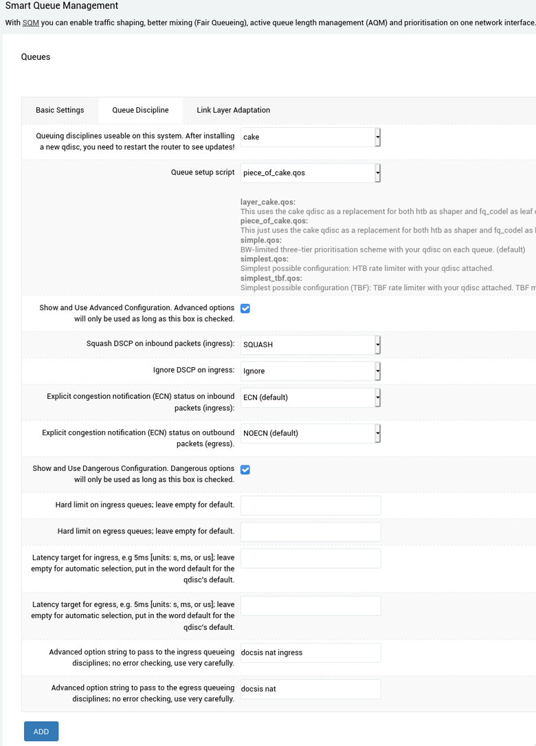 OpenWRT SQM or Smart Queue Management configuration page with the queue discipline sub-tab selected.