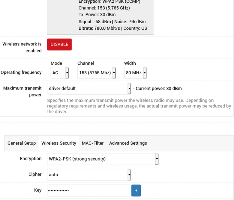 OpenWRT network wireless tab with Wireless Security sub-tab selected.